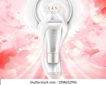 Pearl white skincare ads, cosmetic package tube design with glittering light effect isolated on pink petals background in 3d illustration