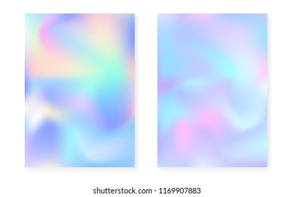 Pearlescent background with holographic gradient. Hologram cover set. 90s, 80s retro style. graphic template for placard, presentation, banner, brochure. Fluorescent pearlescent background set.