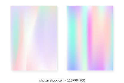 Pearlescent background with holographic gradient. Hologram cover set. 90s, 80s retro style. graphic template for placard, presentation, banner, brochure. Futuristic pearlescent background set.