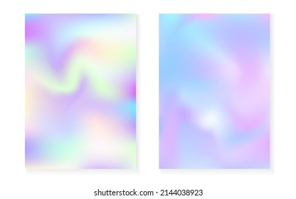 Pearlescent background with holographic gradient. Hologram cover set. 90s, 80s retro style. graphic template for placard, presentation, banner, brochure. Hipster pearlescent background set.