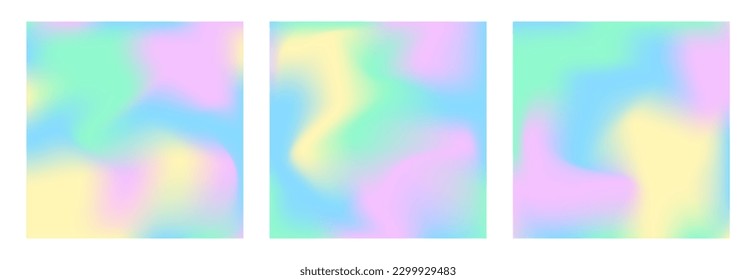 Pearlescent background with holographic gradient. Hologram cover set. 90s, 80s retro style. graphic template for book, social media, mobile interface, web app. Fluorescent pearlescent background set.