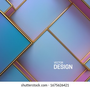 Pearlescent boxes with golden frames. Abstract pastel background. Vector 3d illustration. Geometric structure with cubes. Retro style minimalist poster. Vintage fashion decoration