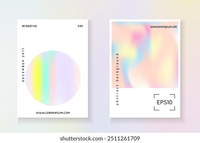 Pearlescent Poster. Colorful 90s Illustration. Pastel Effect. Gradient Background. Memphis Design. Spectrum Foil. Purple Rainbow Paper. Violet Pearlescent Poster