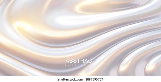 Pearlescent surface with wavy ripples. Vector 3d illustration. Abstract creamy background. Fluid leak backdrop. Decoration for futuristic design. White viscous substance