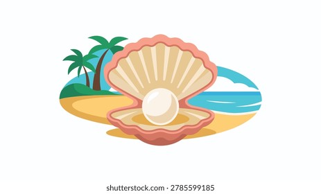 A pearlescent white pearl is centered within an open seashell placed upon a tropical beach with palm trees and turquoise ocean water under a sunny sky.