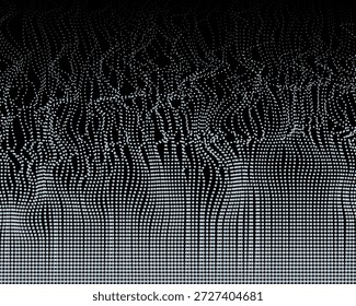 Oscilação de onda pontilhada semelhante a pérola representando a energia sonora vibrante em preto e branco design abstrato.