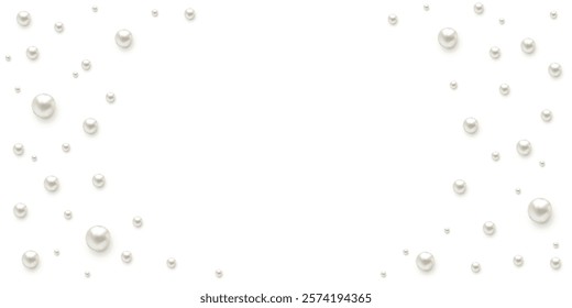 Pearls. Beads. Jewelry. Beautiful vector background. Border. Scattered pearls on a white background.