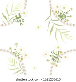 Pearls. Flowers. Seamless pattern. Floral background. White. Green. Leaves.