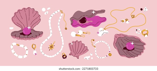 Perlas y joyas vintage paquete estético. Diversos collares dorados, pulsera, cadena, anillos y aretes ilustrativos. Sello con joya negra. Concepto vectorial de accesorios de brillo. Todos los elementos aislados