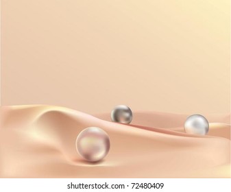 Pearls on silk. The vector background of three pearls lying on ivory silk.