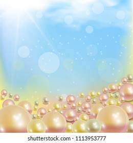 pearls pink and gold on  blue sky with white clouds