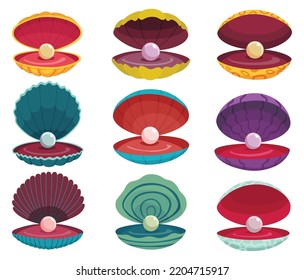 Pearls in seashell. Open seashells scallop and pearl shell icons set in various form and colors. Beautiful pearls in clam shells in cartoon flat style. Vector illustration isolated on white background