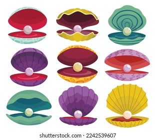 Perlas en la concha. Abrir conchas de concha de vieiras e iconos de conchas de perlas en varios colores y formas. Hermosas perlas en conchas de almejas en dibujos animados de estilo plano. Ilustración del vector aislada en fondo blanco