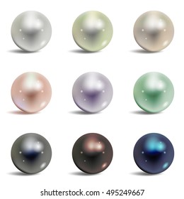 Pearls set isolated on white background. Beautiful shiny natural pearls. Nacreous and iridescent. With transparent glares and highlights for decoration. Vector Illustration for your design