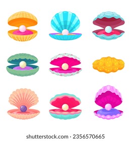 Pearls in shells. Decorative cartoon shell with pearl, different sand and ocean elements. Isolated oyster clam, underwater jewel nowaday vector set