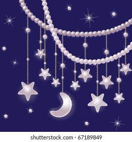 Pearls and shiny stars with moon on a blue background