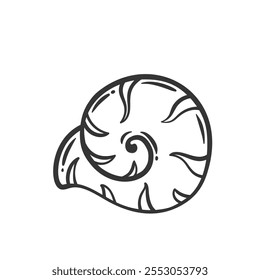 Icono de línea de concha espiral de nautilus perlado. Concha marina submarina dibujada a mano del contorno del mar de la forma redonda del remolino. Molusco, mariscos, mascota de la vida silvestre acuática, Ilustración vectorial decorativa del icono de la concha