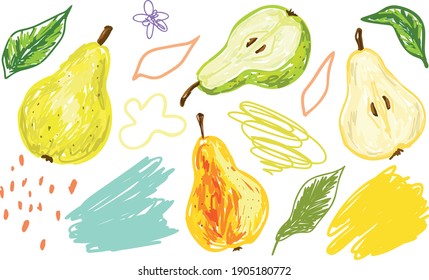 Pears and abstract elements in flat style. Set of clip art for trendy modern summer design. Hand drawn vector illustration. Isolated on white background.