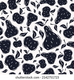 Pears and apple seamless pattern. Design for packaging juice, cider, fruit. Illustration in linocut style. Black print on white background