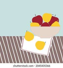 Pears and apples in a bowl. Flat illustration. Still life.