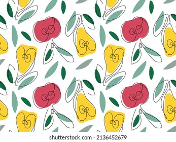 Pears and apples with leaf hand drawn seamless pattern. Bright summer fruit. Continuous one line drawing fruits on bright colored spots. Template for menu, jam or juice label, textile, wallpaper