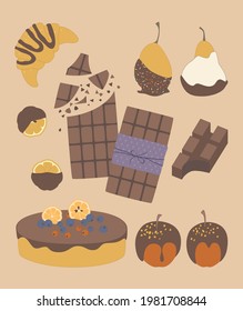 Pears, apples and lemon wedges covered in dark chocolate. Whole and pieces chocolate bar. Delicious cake with berries and chocolate icing. Tasty desert. Vector illustration in flat cartoon style.
