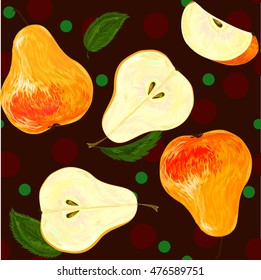 Pears. Apples. The pattern of pears and apples. Autumn fruits. Autumn theme.