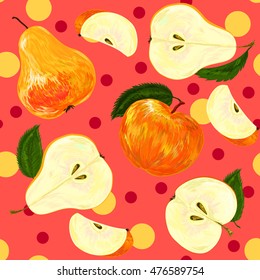 Pears. Apples. The pattern of pears and apples. Autumn fruits. Autumn theme.