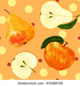 Pears. Apples. The pattern of pears and apples. Autumn fruits. Autumn theme.