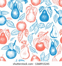 Pears and apples seamless pattern. Hand drawn vector garden fruit illustration. Engraved style fruit design. Vintage botanical background.
