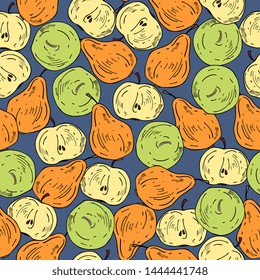 pears and apples seamless pattern. Vector drawing sketch .Summer fruit background. abstract hand drawn vegetarian food.for tea,print,textiles, packaging, wrapper, fabric, wallpaper