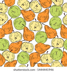 pears and apples seamless pattern. Vector drawing sketch .Summer fruit background. abstract hand drawn vegetarian food.for tea,print,textiles, packaging, wrapper, fabric, wallpaper