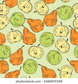 pears and apples seamless pattern. Vector drawing sketch .Summer fruit background. abstract hand drawn vegetarian food.for tea,print,textiles, packaging, wrapper, fabric, wallpaper