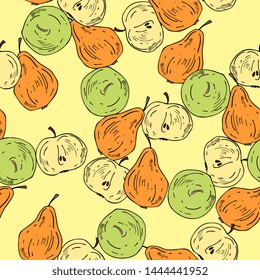 pears and apples seamless pattern. Vector drawing sketch .Summer fruit background. abstract hand drawn vegetarian food.for tea,print,textiles, packaging, wrapper, fabric, wallpaper