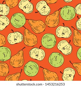 pears and apples seamless pattern. Vector drawing sketch .Summer fruit background. abstract hand drawn vegetarian food.for tea,print,textiles, packaging, wrapper, fabric, wallpaper