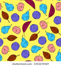 pears and apples seamless pattern. Vector drawing sketch .Summer fruit background. abstract hand drawn vegetarian food.for tea,print,textiles, packaging, wrapper, fabric, wallpaper