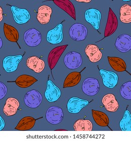 pears and apples seamless pattern. Vector drawing sketch .Summer fruit background. abstract hand drawn vegetarian food.for tea,print,textiles, packaging, wrapper, fabric, wallpaper