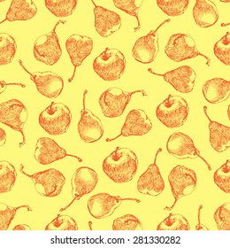 Pears and apples sketch hand draw vector seamless pattern.