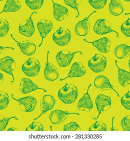 Pears and apples sketch hand draw vector seamless pattern.