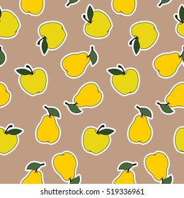 Pears and Apples Sticker Vector Seamless Pattern. Vector Cartoon Illustration on Beige Background.Pattern in swatch