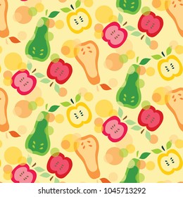 Pears and apples vector pattern illustration green, red, orange and yellow colors on a light background