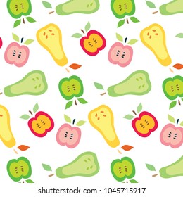 Pears and apples vector pattern illustration green, red, orange and yellow colors on a white background