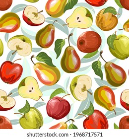 Pears and apples in a vector pattern.Seamless pattern from apples and pears on a white background.