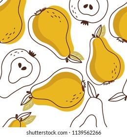 Pears background. Hand drawn overlapping backdrop. Colorful wallpaper vector. Seamless pattern with fruits collection. Decorative illustration, good for printing. Design poster