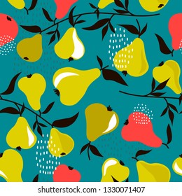 Pears background. Hand drawn overlapping backdrop. Colorful wallpaper vector. Seamless pattern with fruits collection. Decorative illustration, good for printing. Design poster