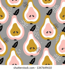 Pears background. Hand drawn overlapping backdrop. Colorful wallpaper vector. Seamless pattern with fruits collection. Decorative illustration, good for printing. Design poster