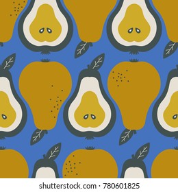 Pears background. Hand drawn overlapping backdrop. Colorful wallpaper vector. Seamless pattern with fruits collection. Decorative illustration, good for printing. Design poster