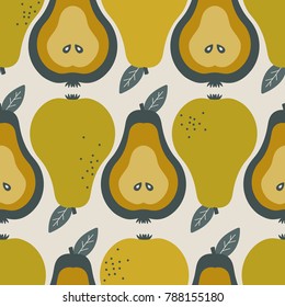 Pears background. Hand drawn overlapping backdrop. Colorful wallpaper vector. Seamless pattern with fruits collection. Decorative illustration, good for printing. Design poster