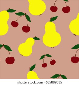 Pears and cherry. Seamless pattern, vector illustration
