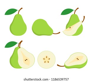 Pears. Cut green pear fruits. Collection of vector illustrations.